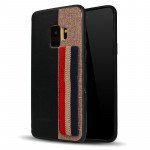 Wholesale Galaxy S9+ (Plus) Striped Hand Strap Grip Holder PU Leather Case (Black)